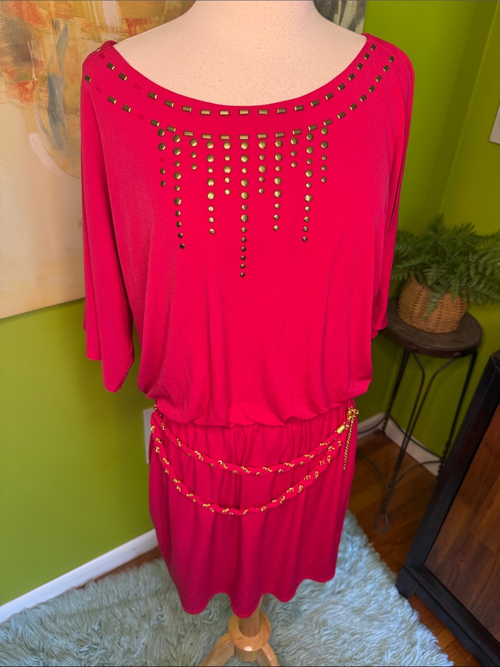 Thalia Sodi Hot Pink Midi Dress with Gold Studs and Chain Accents